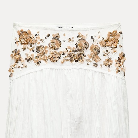 NWT Zara | White Gold Midi A-Line Skirt beaded bead lace - Picture 10 of 16